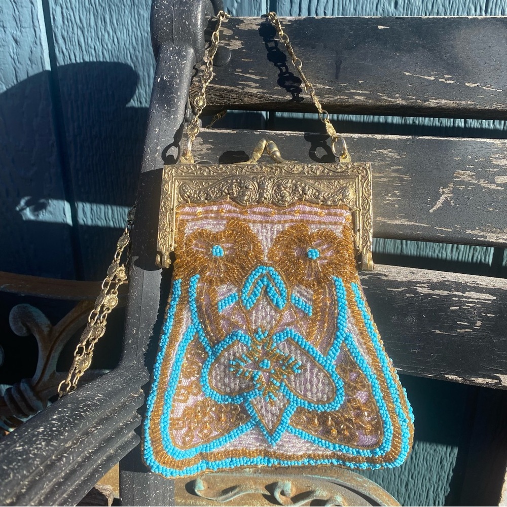 Gold-Tone Beaded Shoulder Bag with Turquoise Accents